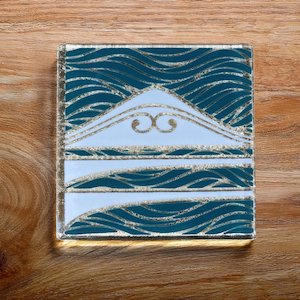 Legacy Series: NZ Made Glass Coasters Te Maunga - Teal/Pearl - 4Pk w/stand