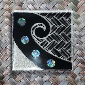 NZ Made Glass Paua Coasters Koru Kete - Blk - 4Pk w/stand