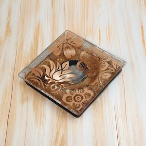 NZ Made Glass Rimu Candle/Ring Dish Wild Flowers - Copper