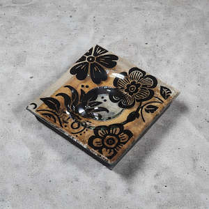 NZ Made Glass Rimu Candle/Ring Dish Wild Flowers - Blk