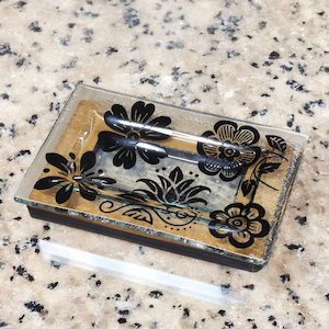 Soap Trinket Dishes: NZ Made Glass Rimu Soap/Jewelry Dish Wild Flowers - Blk