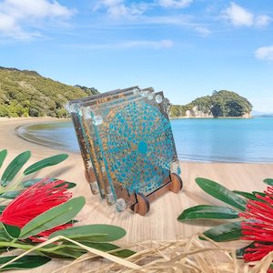 NZ Made Glass Coasters Kina - Teal/Terracotta - 4Pk w/stand