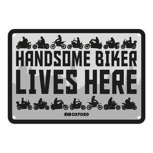 Oxford Garage Metal Sign: "Handsome Biker Lives Here"