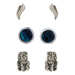 Paua Trio - Fern Circle Tiki Stud Earrings Set
