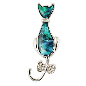 Paua Cat Bow Tie Diamante Tail Brooch
