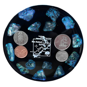 Decorative Round Plate White Foil NZ Map With REAL Coins x4