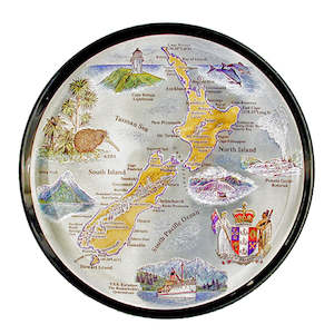 Giftware: Decorative Round New Zealand Map Silver Foil Plate