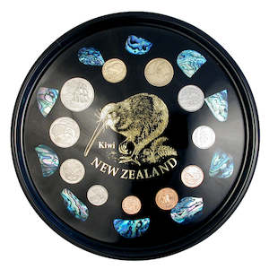 Giftware: Bar Tray Gold Foil Kiwi Paua Pieces With REAL Coins x11