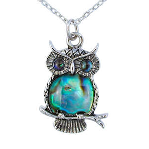 Animal Necklaces: Paua Ruru Owl On Branch Chain Necklace