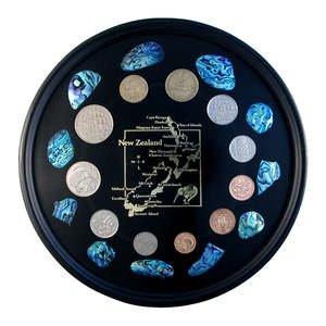 Bar Tray Gold Foil NZ Map With REAL Coins x11 W Stand