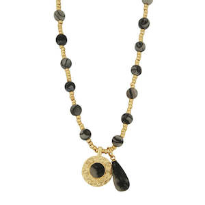 Dansk Smykkekunst: Amber Grey Elastic Gold Colour Ion Plated 90Cm Necklace With Natural Stones