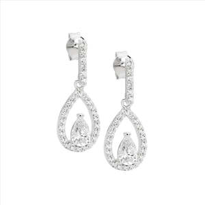 Sterling Silver Pear Cz Centre Drop Earrings
