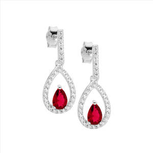 Ellani: Sterling Silver Cz Red Pear Cz Centre Drop Earrings