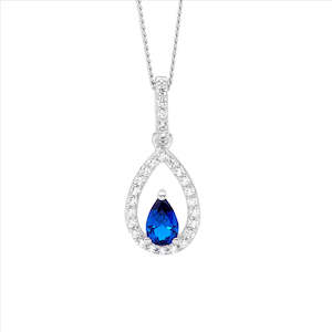 Pendants Necklaces: Sterling Silver Dk Blue Pear Cz Cntr Drop Pendant
