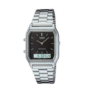Watch Brands: Casio Mens Dress Duo Silver Tone,Alarm,Wr Blk Face, Metal Band