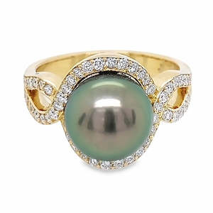 Pearl Jewellery: 18ct Yellow Gold South Sea Black Pearl & Diamond Ring