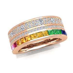 18ct Rose Gold Diamond & Rainbow Sapphire Dress Ring