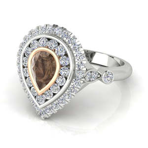 Ascolani: 18ct White Gold Pear Cut Champagne Diamond Double Halo Ring