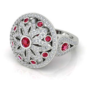 Ascolani: 18ct White Gold Diamond & Ruby Cluster Ring