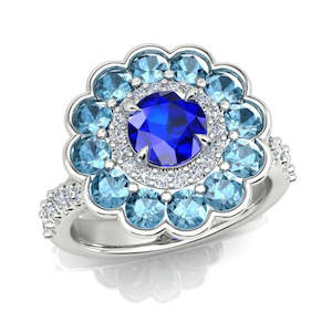 18ct White Gold Diamond, Blue Sapphire and Aquamarine Cluster Ring