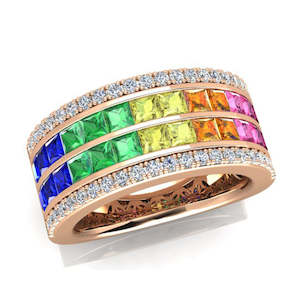18ct Rose Gold Double Row Diamond & Rainbow Sapphire Dress Ring
