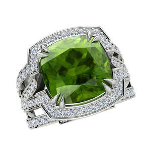 Ascolani: 18ct White Gold Diamond & Peridot Halo Dress Ring