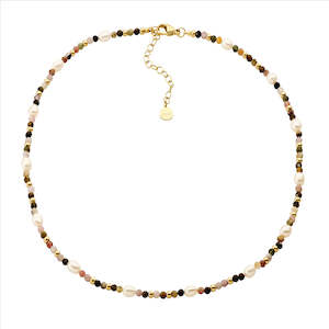 Stainless Steel Tourmaline & Freshwater Pearl 40Cm Necklace