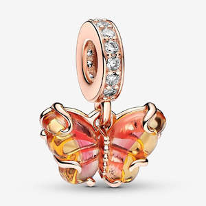 Gifts Under 200: Butterfly 14k rose gold-plated dangle with bi-colour orange and pink Murano glass and clear cubic zirconia