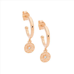 Sterling Silver13mm Hoop Earrings, Wh Cz Star Disk W/Rose Gold Plating
