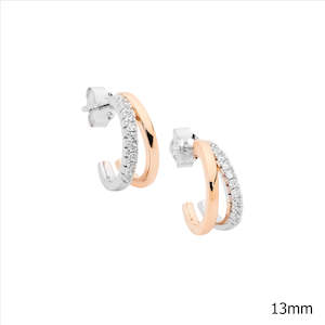 Sterling Silver 13Mm Dble Split Hoop Earrings, 1 Hoop Wh Cz W/Rose Gold Plating