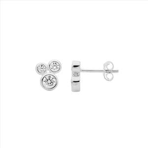 Sterling Silver Bezel Set Wh Cz Cluster Earrings