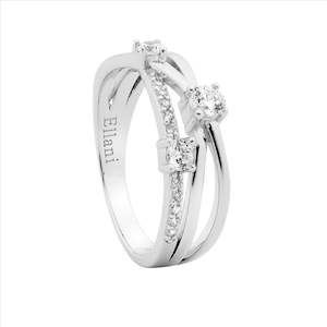 Sterling Silver Wh Cz Cross Over Ring W/ Cz & Plain Bands
