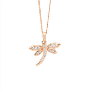 Sterling Silver Wh Cz Dragonfly Pendant W/Rose Gold Plating
