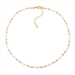 Pearl Jewellery: Stainless steel rose quartz & freshwater pearl 40cm necklace w/gold IP plating