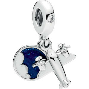 Propeller Plane Silver Hanging Charm w Blue & White Enamel & Clear CZ