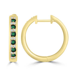 Coloured Stone Jewellery: 9ct Yellow Gold 0.10Ct HI/I1 Diamond Emerald Earrings