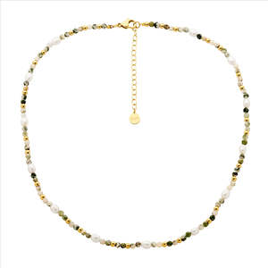 Stainless Steel Tree Agate & Freshwater Pearl 40Cm Necklace W/Gold Ip Plating