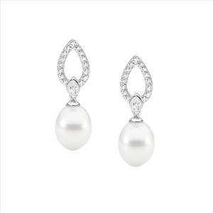 Ellani: Sterling Silver,White Cubic Ziconia Tear Drop Earrings / Freshwater Pearl