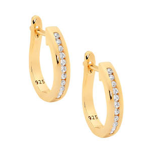 Earrings: Sterling Silver White Cubic Ziconia Set Hoops With Gold Plating
