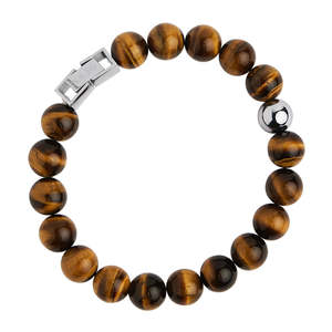 Bracelets: 10mm Tiger Eye Round Beads & 1 X Steel Beads Bracelet