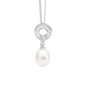 Ellani: SS WH CZ Baguette Circle w/ Freshwater Pearl Drop Pendant