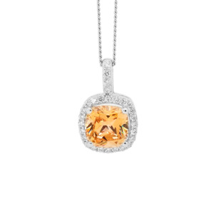 SS Fancy Yellow Cushion Cut CZ w/ WH CZ Surround Pendant
