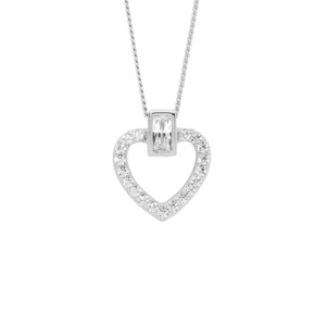 Ellani: Ss Wh Cz Open Heart W/ Bezel Set Baguette Pendant
