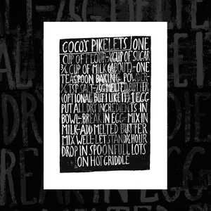 Premium Art Prints: Stamped Coco's Pikelets (Hot Buttered II) - recipe print by Dick Frizzell