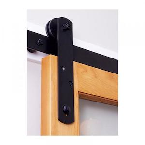Barn Door: Slidemaster Open Rail Face Fix Carrier, Black Powder Coated with Acetyl Wheel                 (*Doors are not included)