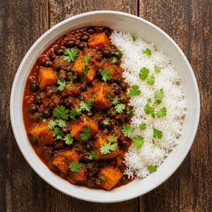 Meals: Spiced Black Bean & Kumara Stew with steamed rice.