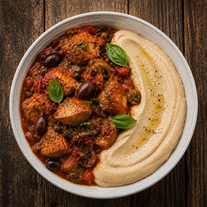Chicken Cacciatore with creamy cannellini bean mash.