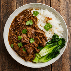 Meals: Beef Rendang with steamed jasmine rice & wilted bok choy.