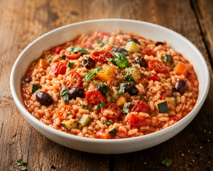 Tomato & Olive Risotto with market vegetables & fresh herbs.