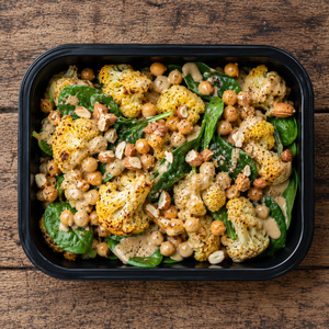Roasted cauliflower and chickpea salad with tahini dressing.